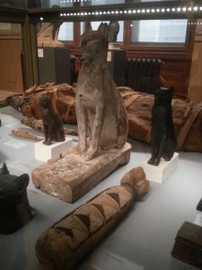 Cat mummies and Bastet statues at the Kunsthistorisches Museum in Vienna.
