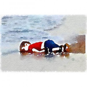 Water color version of the now famous photo taken of Aylan Kurdi's body. Soruce: https://www.flickr.com/photos/robertsharp59/20635914503