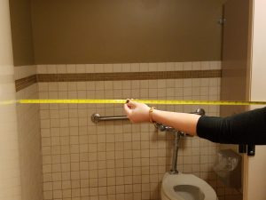 A measure of the width of a bathroom stall at Panera