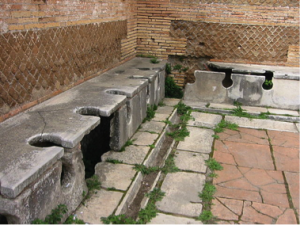 An ancient public toilet system in Ostia Antica, Italy