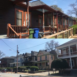 Preserved, working class shotgun houses located across from affluent two-story homes