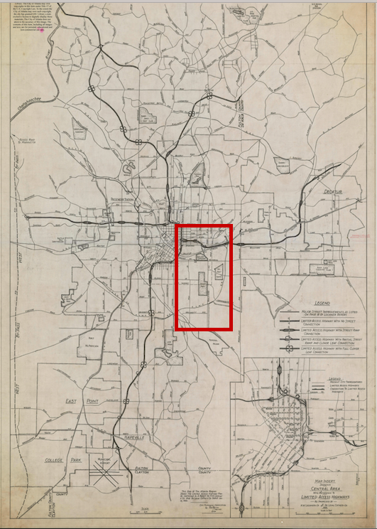 Proposed highway plan for Atlanta, where I-20 runs north of Oakland Cemetery.   From Georgia State's Planning Atlanta