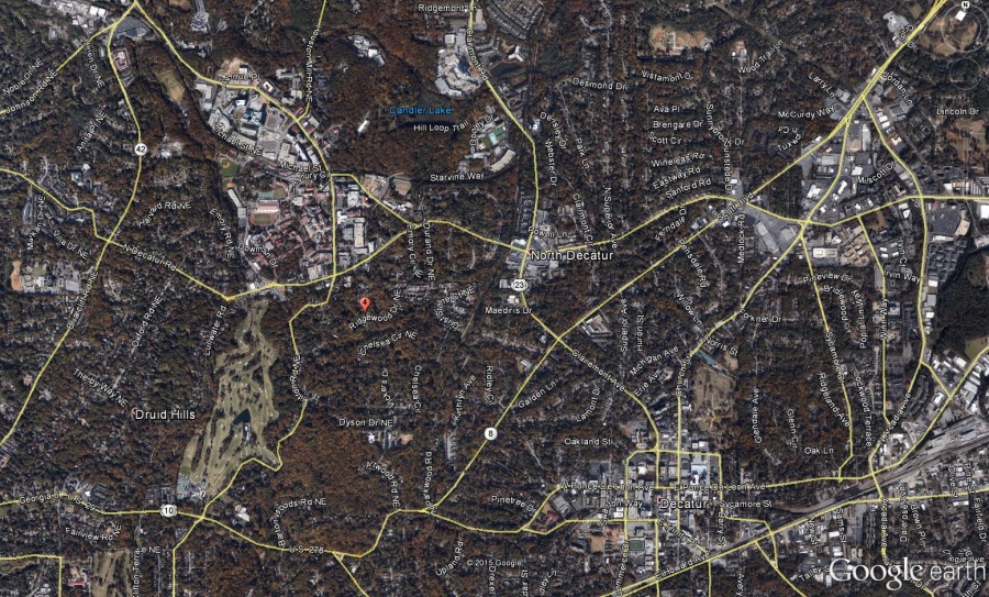 Screenshot from Google Earth showing the GPS waypoint of the Druid Hills Panorama. Latitude: 33.786335° Longitude: -84.318628°