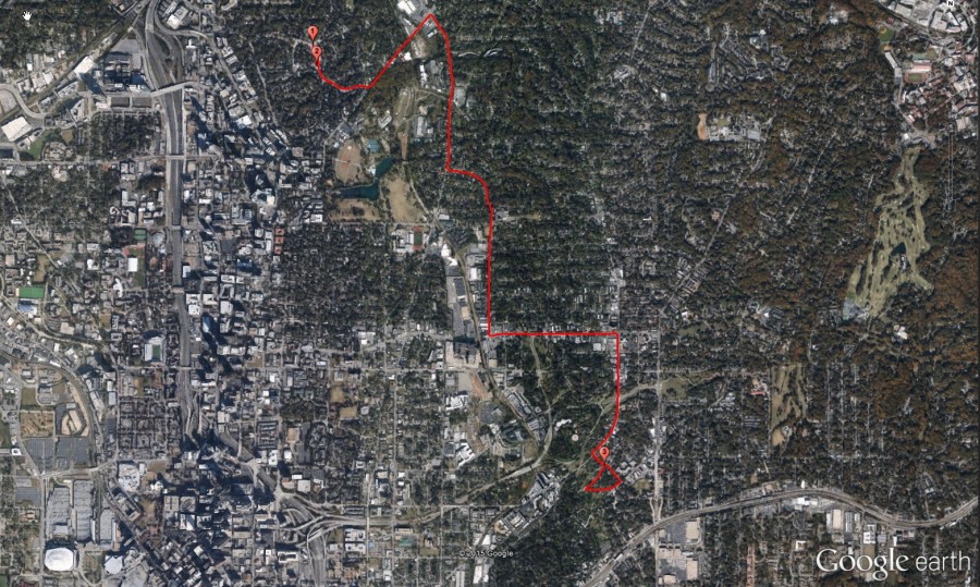 Screenshot from Google Earth showing the GPS waypoints of the Inman Park panorama, along with the track from Ansley Park to Inman Park.