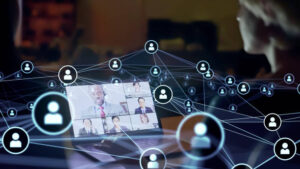 video conference with virtual connections superimposed
