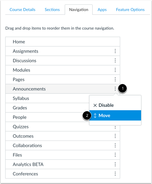 Reorder or move canvas items in navigation menu