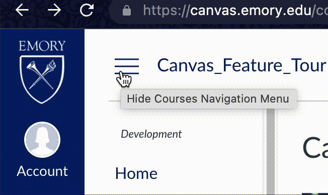 Animation of clicking course navigation menu hamburger icon to collapse and expand the menu.