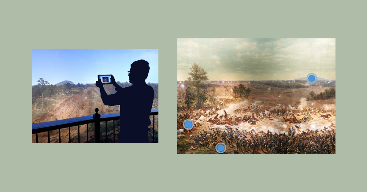 Cyclorama AR app banner featuring man holding tablet using app