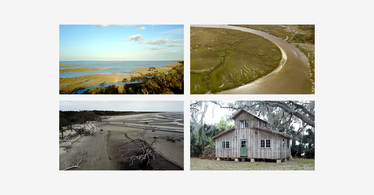 Four screencaps of Ossabaw Island Flyover video