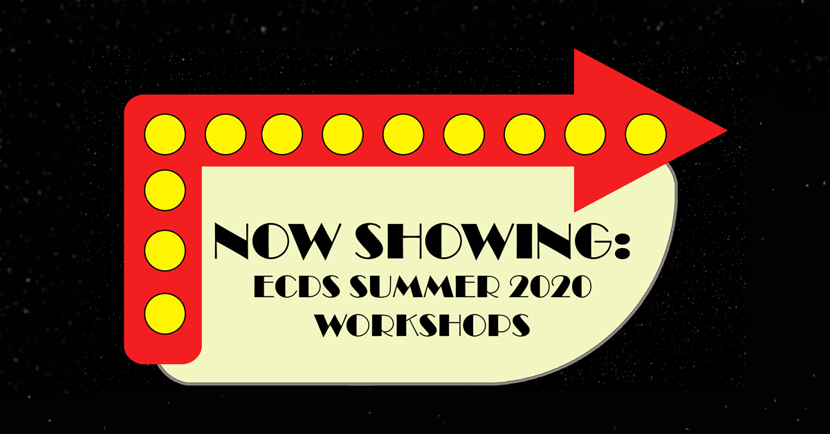 Drive-in movie sign announcing ECDS summer workshops