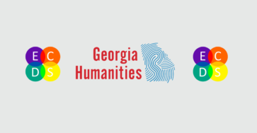 Side by side logos for ECDS and Georgia Humanities. ECDS logo features four concentric circles in bright colors. Georgia Humanities logo features outline of Georgia state with blue whorls mimicking a fingerprint.