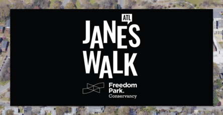 Jane's Walk ATL logo with white capital letters against black background. Freedom Park Conservancy in smaller white text.