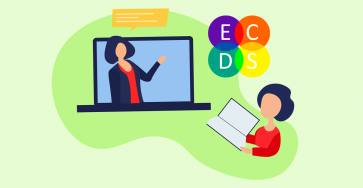 Vector illustration of instructor on laptop screen with speech bubble and student reading a book, representing online or remote teaching.