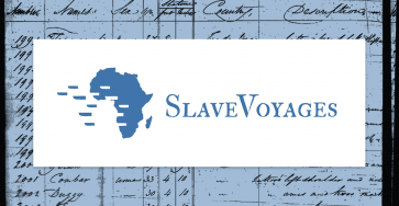 SlaveVoyages logo featuring project name in stylized text next to an image representing the African continent with ships sailing off to the West, leaving behind gaps in the outline of Africa