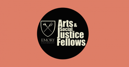 Black circle with Emory Arts & Social Justice Fellows logo in beige in the center. Background is a salmon color.