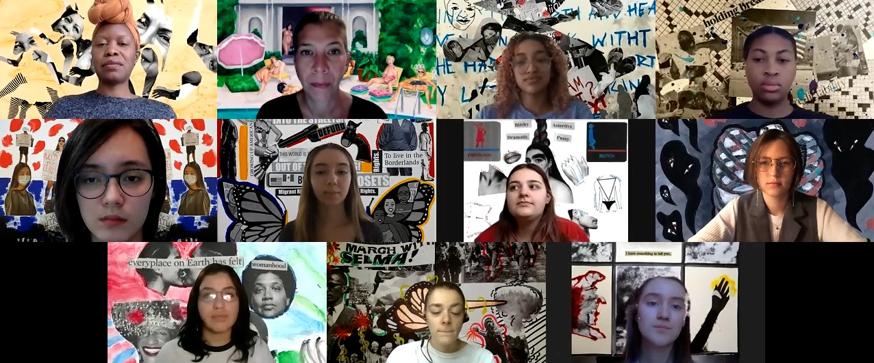 Zoom screenshot of Shanequa Gay and students of Professor Alix Olson's course featuring their collage artworks as each individual's Zoom backrounds.
