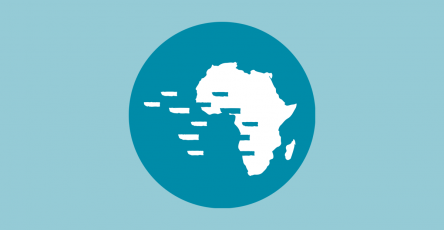 SlaveVoyages logo featuring image representing the African continent with ships sailing off to the West, leaving behind gaps in the outline of Africa