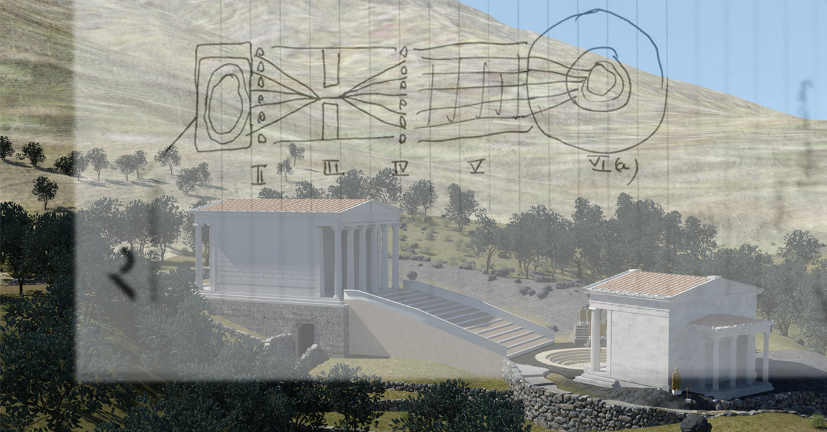 3D visualization of Samothrace with superimposed hand drawn image depicting apart of the ABM simulation strategy
