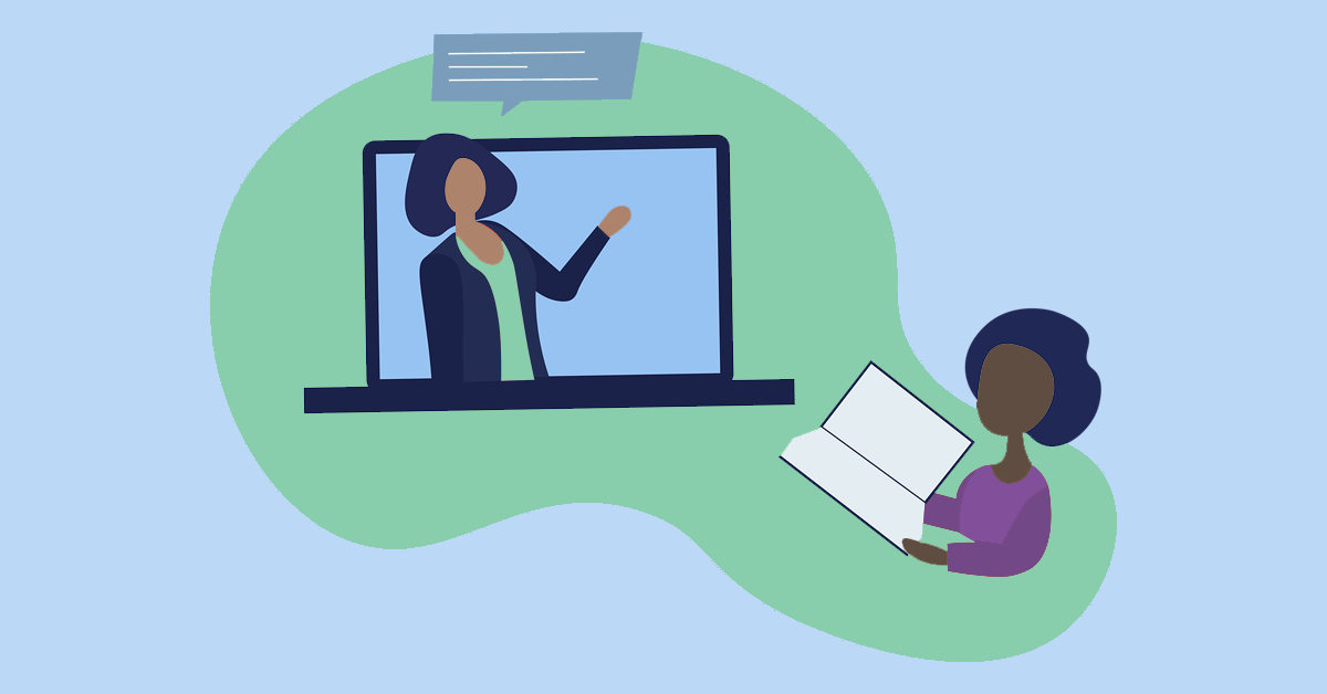 Image rendering depicting online teaching, featuring a laptop screen with a teacher and speech bubble on the left and a student reading a book on the right.