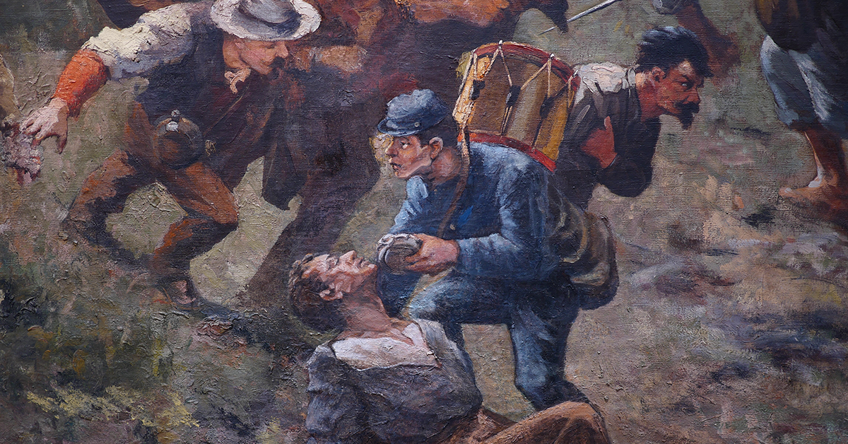 Closeup of Cyclorama painting. A federal army soldier shares his canteen with a wounded foe in the thick of combat in The Battle of Atlanta, 1886.