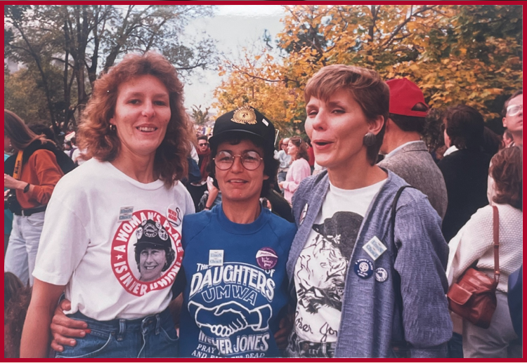 Photograph from the Abortion Rights March in Washington, D.C., in 1989. Pictured are three women, Kipp Dawson in the middle. 