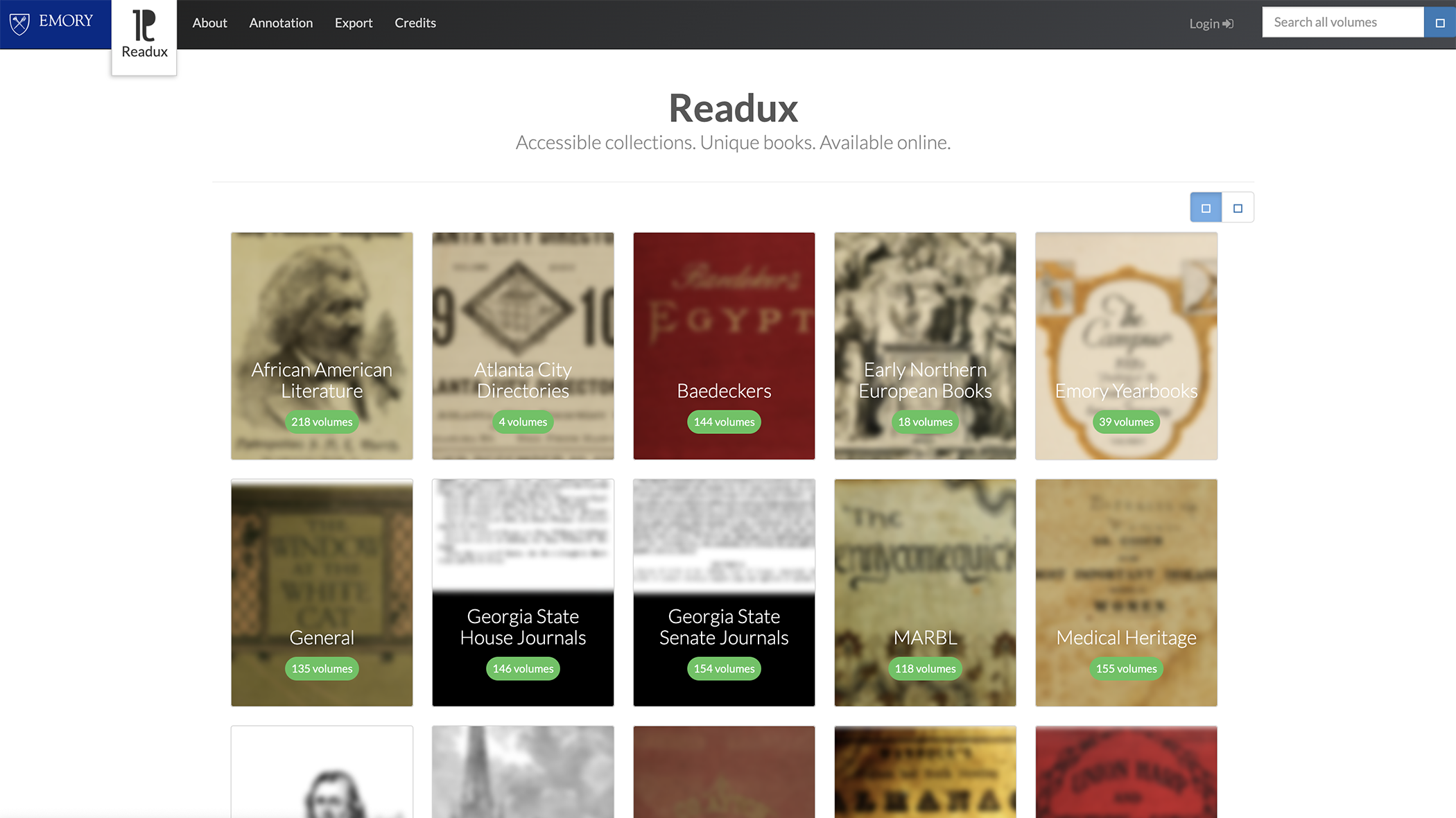 Screenshot of the Readux Legacy Homepage