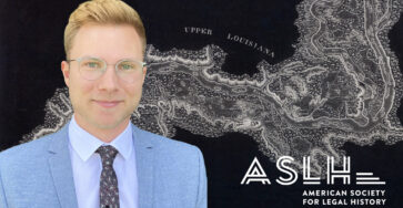 A photo of Dr. Alexander Cors over his award-winning maps, alongside the ASLH logo.