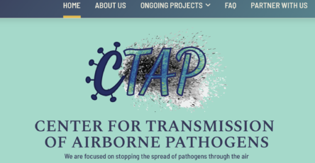 Screenshot of the CTAP website landing page. A large logo that spells CTAP above the line "Center for Transmission of Airborne Pathogens"