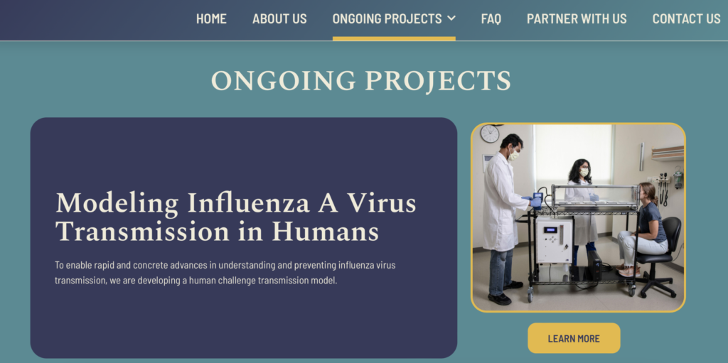 screenshot of the CTAP website's ongoing projects page. An example project headline reads "Modeling Influenza: A Virus Transmission in Humans"