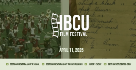 Logo of the HBCU Film Festival. The background is split, one side depicts a marching band and the other handwriting. The date of the festival is presented as well as the award categories.