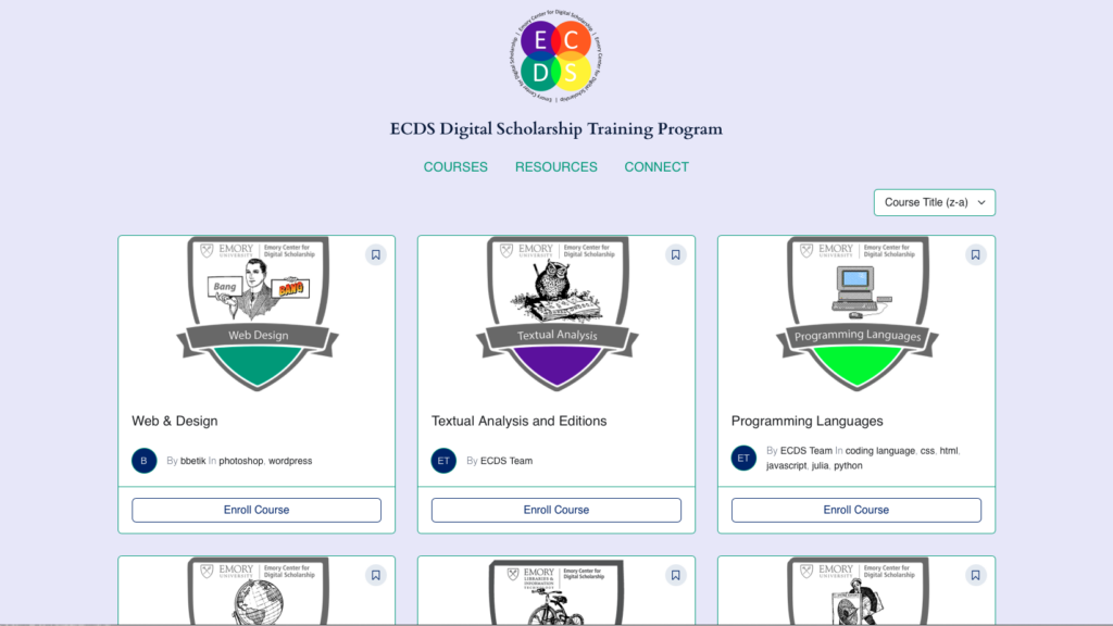 Screenshot from the new ECDS Training website for Digital Tools, showing different courses