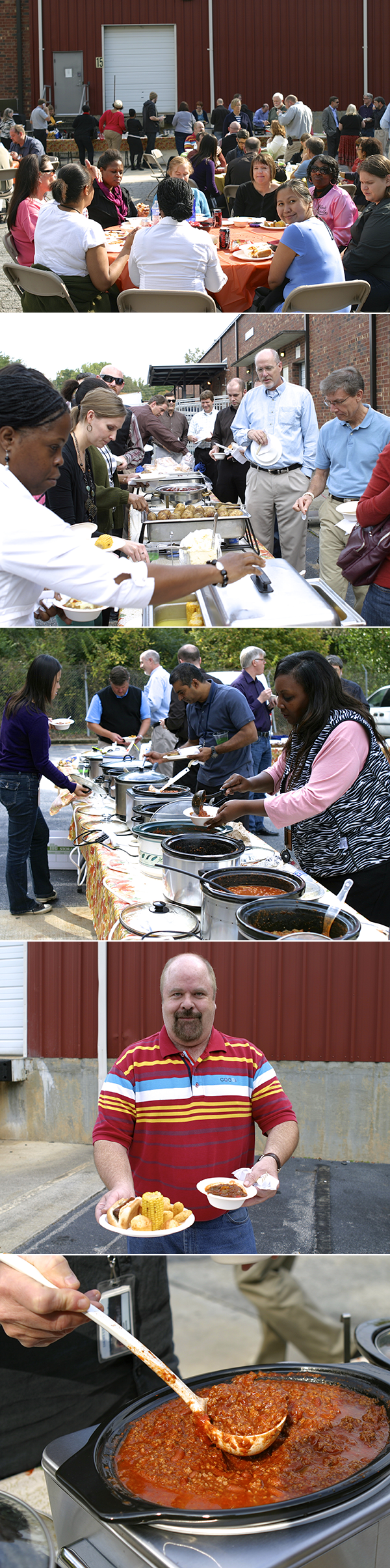 group of 5 photos from an outdoor employee chili luncheon