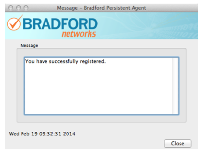 Screen shot of Bradford Networks popup window