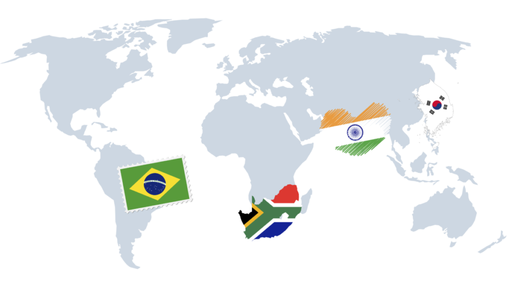 A world map with icons highlighting four countries: Brazil, South Africa, India, and South Korea