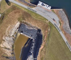Buford Dam in southwestern section of Lake Lanier, where the Chattahoochee River continues its downslope flow (Authored by Google Maps) 
