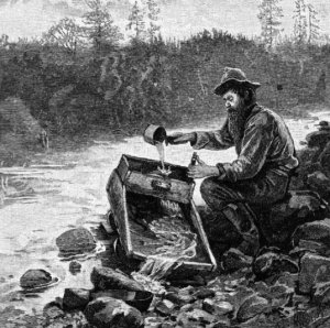 Illustration of a typical 19th century miner using placer mining for gold.