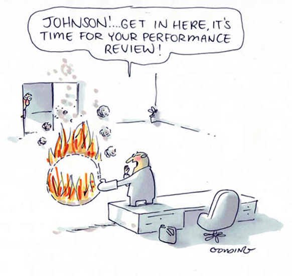 Cartoon of an employer during a performance review