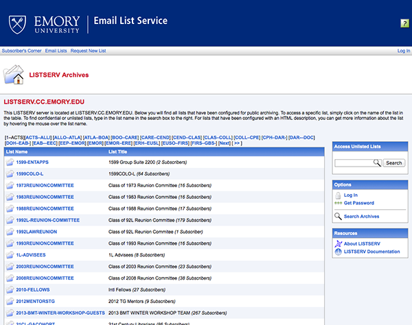 Screen shot of Emory's Listserv home page
