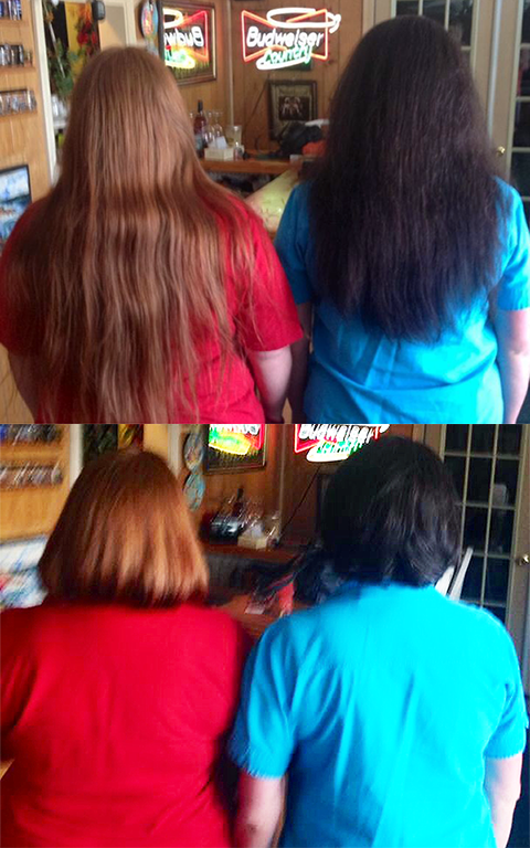 Photo of two women; before and after getting haircuts