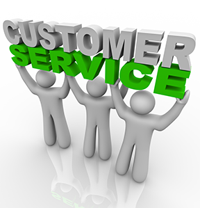 Clip art of figures holding a "customer service" sign
