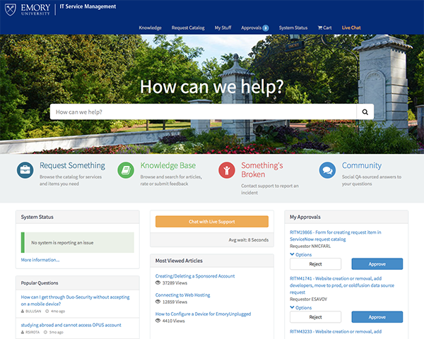 Screen image of Emory's ServiceNow homepage
