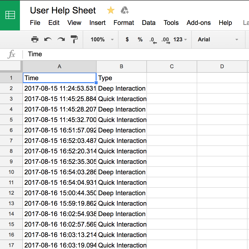 spreadsheet showing visitors