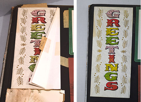 Some of the greeting cards required additional treatments such as mending or flattening prior to digitization.