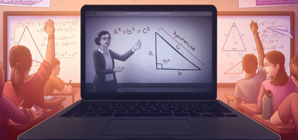 Imagem retratando o aprendizado online de matemática, rodeado por alunos em uma sala de aula.