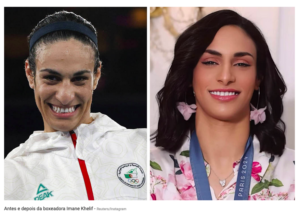 Two photos of Imane Khelif. On the left, she smiles after her boxing victory. On the right, her hair is down, she wears earrings and makeup.