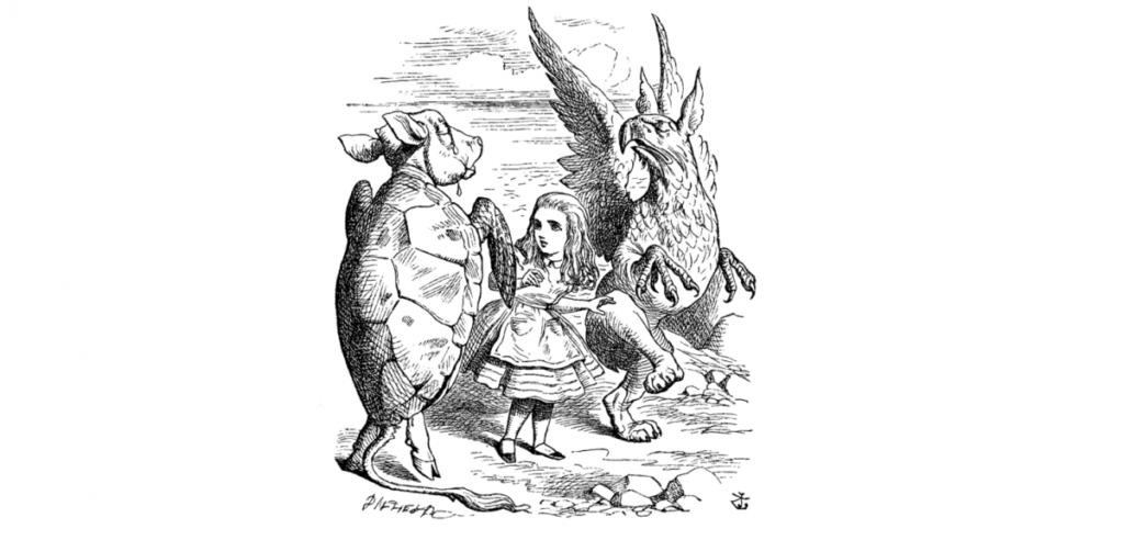 Line drawing of Alice with a Gryphon and turtle with a pig's head
