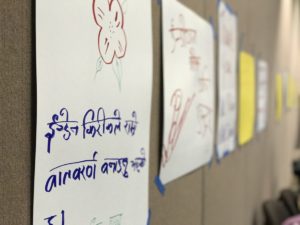 This image shows signs written in multiple languages that were used at a CDF community dialogue.