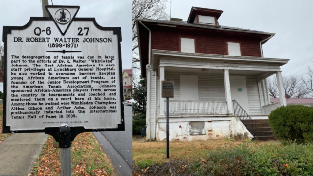 Historic marker and unoccupied red and white wooden house, previously belonging to Robert Walter Johnson