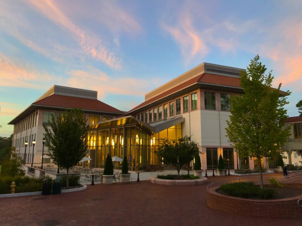 candler's RARB building at sunset from cannon chapel courtyard