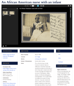 Screenshot of Langmuir photograph collection page featuring an African American nurse with an infant. Photo also features cursive text: Miss Payne- ready to go for a ride with her nurse Mary-Lizzie [indecipherable word] 1909 Washington D.C.; below photography is metadata/information about the item.